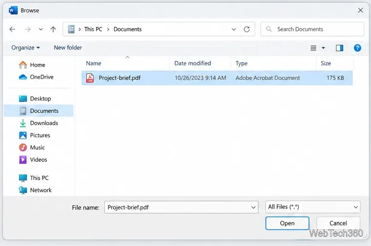 В окне выбора файлов Windows отображается выбранный файл Project-brief.pdf и готовая кнопка «Открыть».