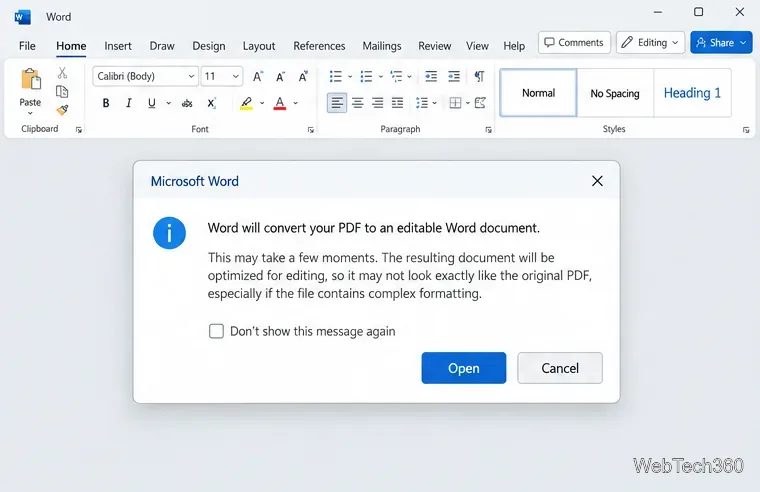 Уведомление о преобразовании в Word, поясняющее, что PDF-файл будет преобразован в редактируемый документ Word с кнопками «Открыть» и «Отменить».