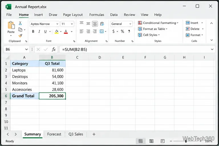 Barra de fórmulas do Excel exibindo uma fórmula SOMA na pasta de trabalho de destino para uma verificação pós-cópia.