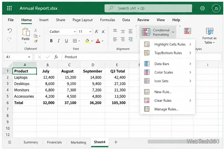 O menu Formatação Condicional do Excel para a Web é aberto ao revisar a planilha colada.
