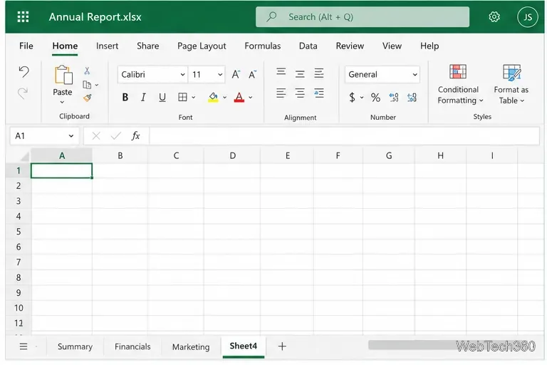 Pasta de trabalho do Excel para a Web com uma planilha em branco e a célula A1 selecionada.