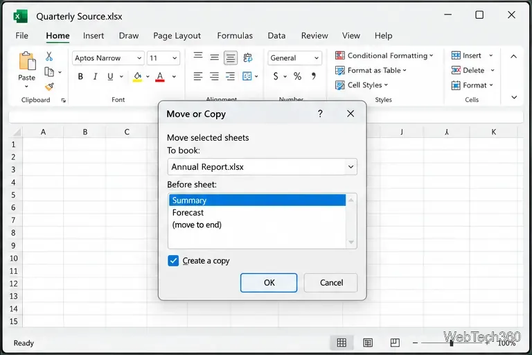Diálogo "Mover ou Copiar" do Excel com o Relatório Anual selecionado como destino e a opção "Criar uma cópia" marcada.