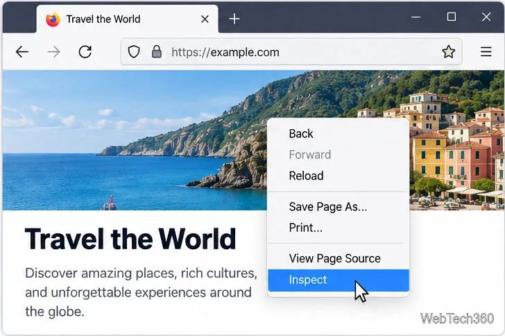 Firefox 페이지에서 컨텍스트 메뉴가 열려 있고 '검사' 명령이 강조 표시되어 있습니다.