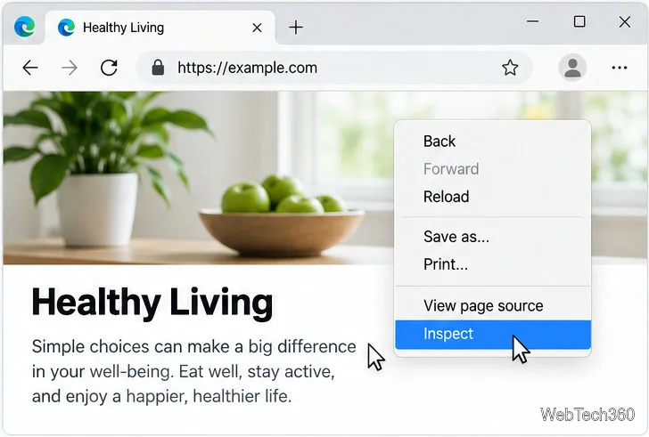 마우스 오른쪽 버튼을 클릭하여 메뉴를 열고 '검사'를 선택한 Microsoft Edge 페이지.