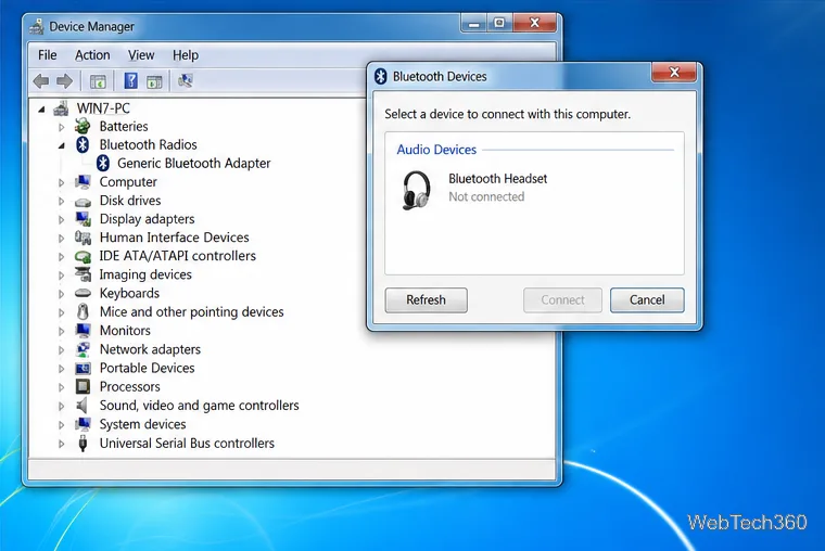 Illustrative Windows 7 Device Manager beside a Bluetooth Devices dialog listing a headset that is not yet connected