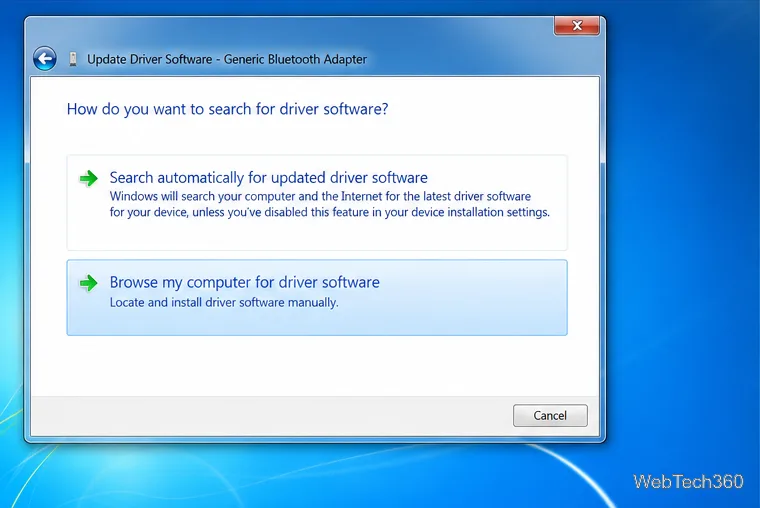 Illustrative Windows 7 Update Driver Software wizard highlighting Browse my computer for driver software