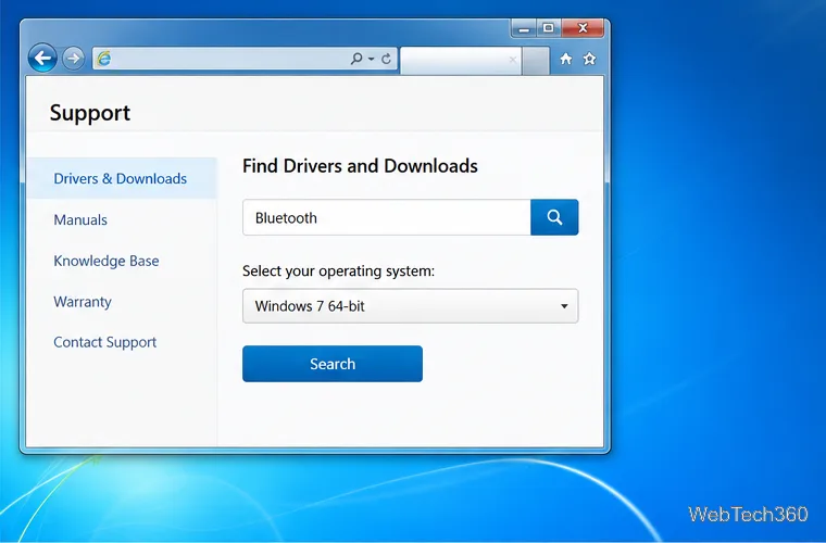 Illustrative manufacturer support page with Windows 7 64-bit selected for a Bluetooth driver search