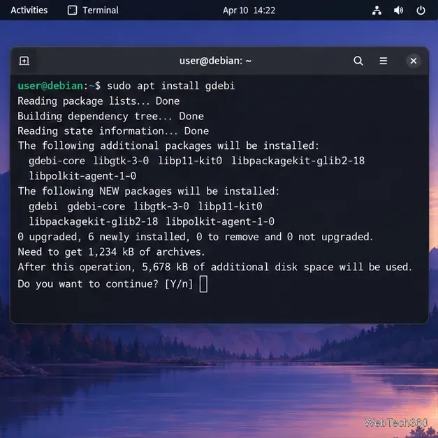 Terminal illustratif montrant la commande sudo apt install gdebi et l'invite de confirmation d'APT.