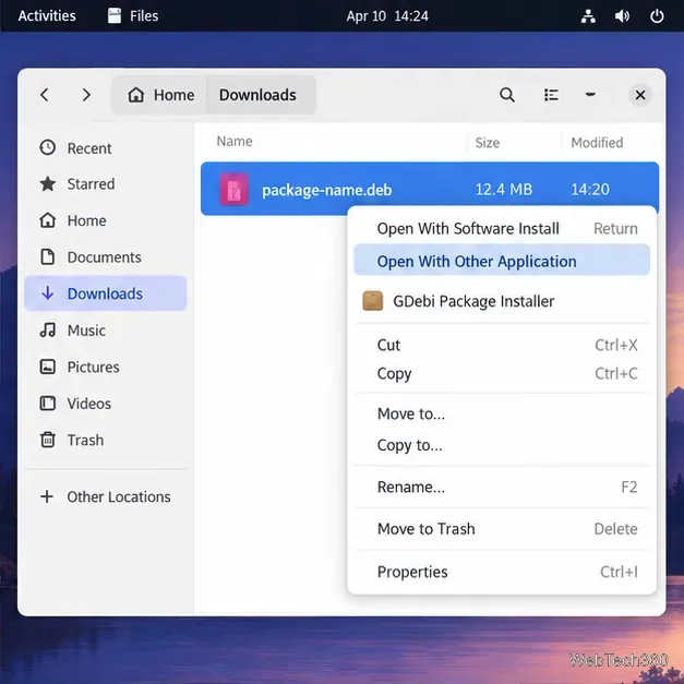 Exemple de menu contextuel du gestionnaire de fichiers pour package-name.deb avec les options « Ouvrir avec une autre application » et « Installateur de paquets GDebi » visibles.