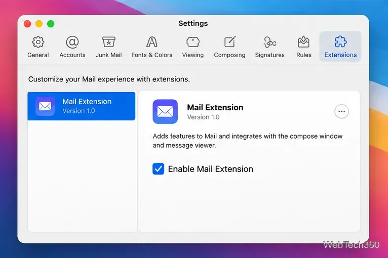 Die Einstellungen der Apple Mail-Erweiterungen zeigen eine aktivierte Mail-Erweiterung mit ausgewähltem Kontrollkästchen an.