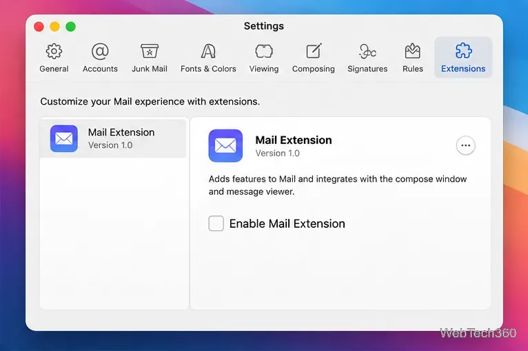 Das Fenster „Apple Mail-Einstellungen“ ist geöffnet und zeigt die Erweiterung „Mail“ an, die jedoch noch nicht aktiviert ist.