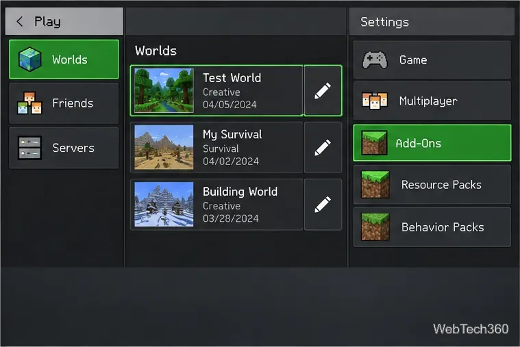 Minecraft Bedrock world list with the edit pencil selected and separate Resource Packs and Behavior Packs settings.