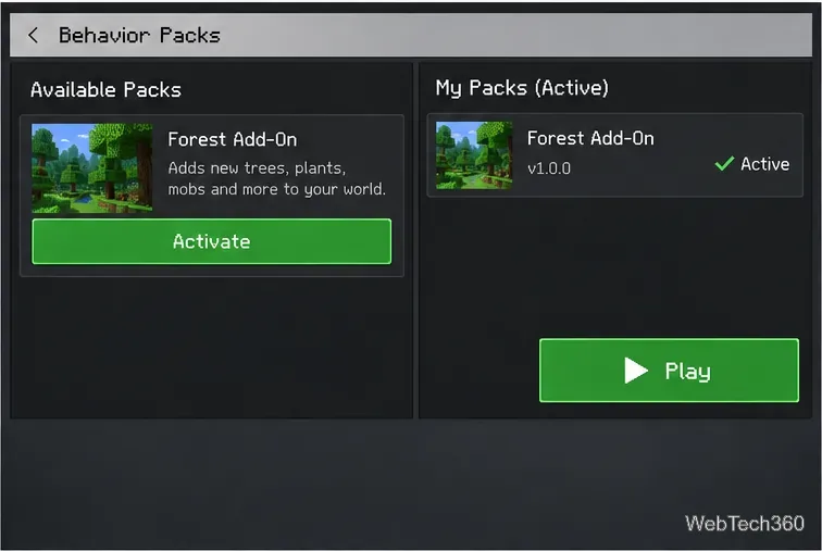 Minecraft Bedrock Behavior Packs settings with a Forest Add-On selected, an Activate button, and the active pack list.