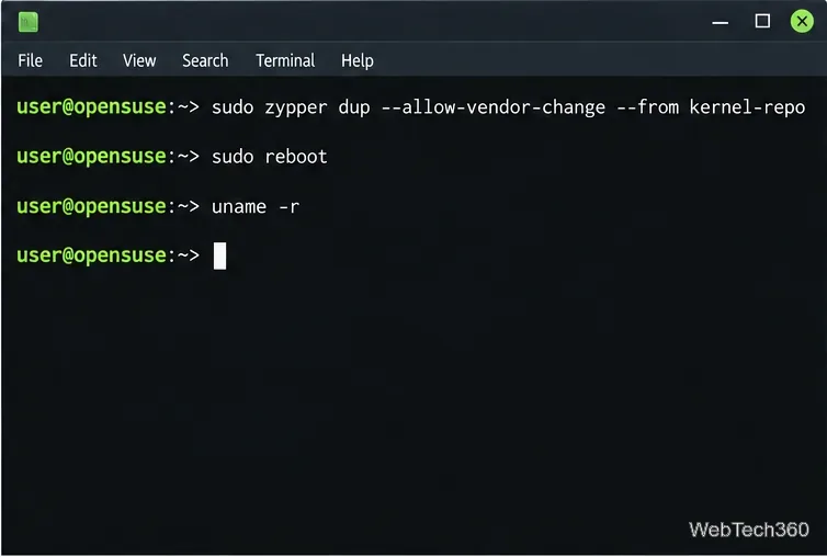 Maquette de terminal montrant une mise à niveau de Zypper depuis Kernel:HEAD suivie d'un redémarrage et des commandes de vérification uname.
