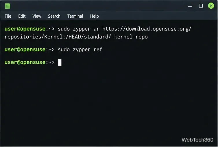 Maquette de terminal avec les commandes Zypper pour ajouter le dépôt Kernel:HEAD et actualiser les métadonnées des paquets