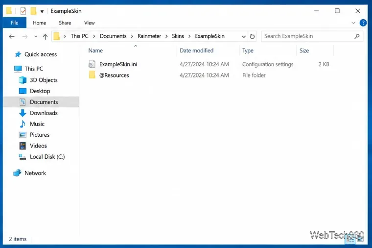 ExampleSkin folder showing ExampleSkin.ini beside an @Resources folder in File Explorer