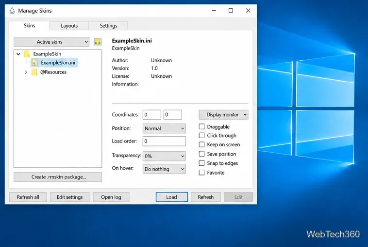 Rainmeter Manage window with ExampleSkin.ini selected and the Load button visible