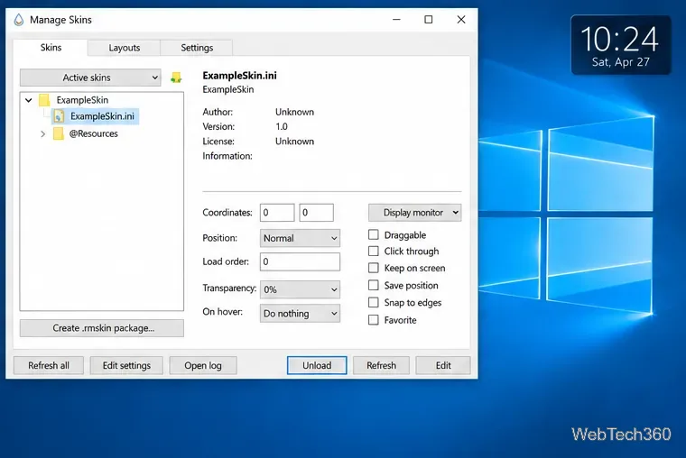 Example Rainmeter clock skin visible on a Windows 10 desktop beside the Manage window