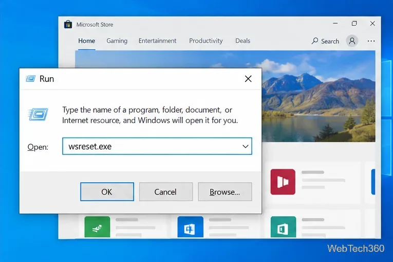 หน้าต่าง Run ของ Windows 10 แสดงข้อความ wsreset.exe ปรากฏขึ้น ขณะที่ Microsoft Store เปิดอยู่