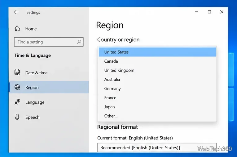 การตั้งค่าภูมิภาคของ Windows 10 โดยเปิดเมนูประเทศหรือภูมิภาคไว้