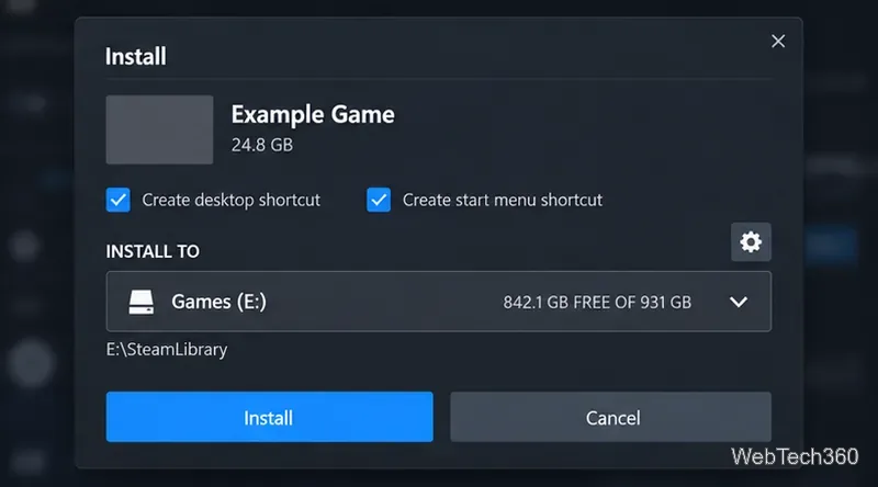 Диалоговое окно установки Steam, в котором в поле «Установить в» выбраны игры (E:) (например, для этой игры).