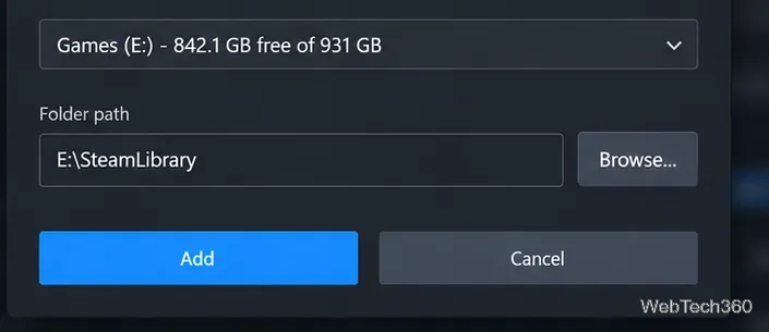 Элементы управления библиотекой Steam отображают игры (E:) и путь к папке E:\SteamLibrary.