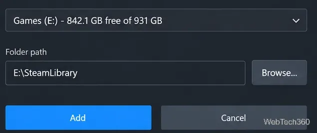 Крупный план поля пути к библиотеке Steam, в котором для игры (E:) установлено значение E:\SteamLibrary.