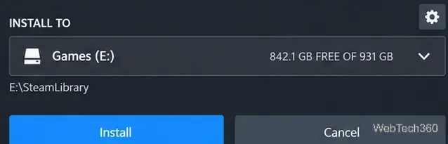 Крупный план селектора «Установить Steam в» с отображением папок «Игры» (E:) и «E:\SteamLibrary».