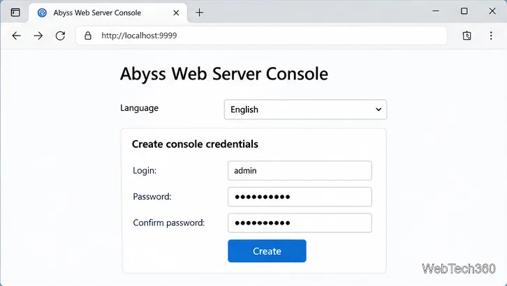 Abyss Web Server’s first-run browser console showing language selection and the form for creating console credentials.