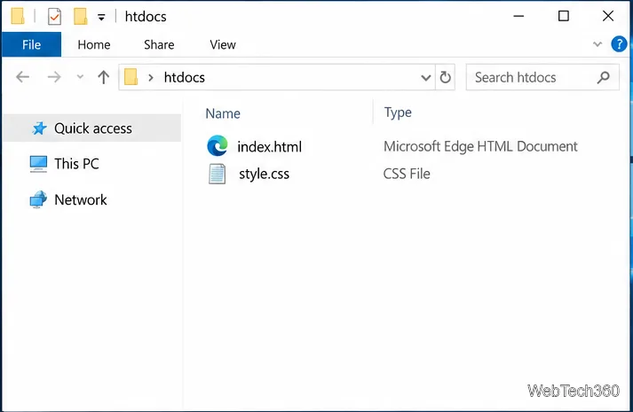 Windows File Explorer open to the htdocs website folder, showing index.html and style.css.