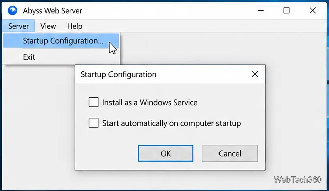 Abyss Web Server Startup Configuration dialog with options to install as a Windows service and start automatically at computer startup.