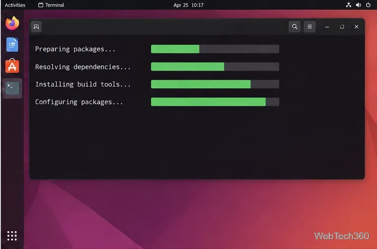 Terminal Linux mostrando o progresso da preparação genérica de pacotes, resolução de dependências e instalação de ferramentas de compilação.
