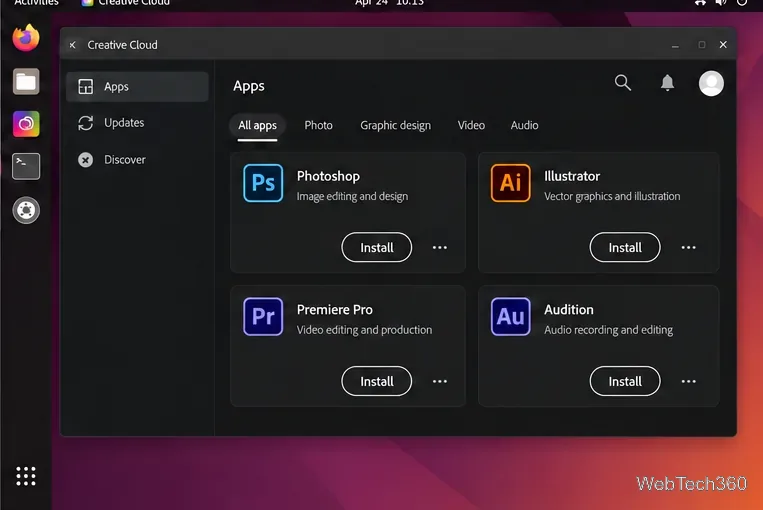 Tela de aplicativos da Creative Cloud com botões de instalação do Photoshop, Illustrator, Premiere Pro e Audition.