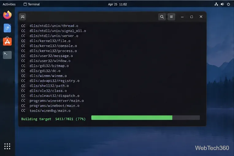 Terminal Linux compilando arquivos fonte do Wine com uma barra de progresso de compilação