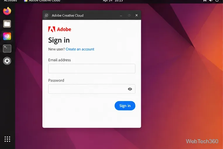 Janela de login do Adobe Creative Cloud com campos de e-mail e senha vazios.