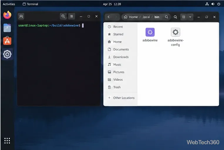 O gerenciador de arquivos do Linux está aberto no diretório bin local ao lado de um prompt de terminal.