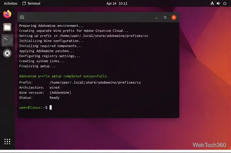 Terminal Linux informando que a configuração do prefixo Wine do AdobeWine foi concluída.