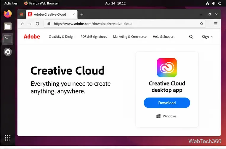 Página de download do Adobe Creative Cloud com um cartão de download do aplicativo para desktop Windows.