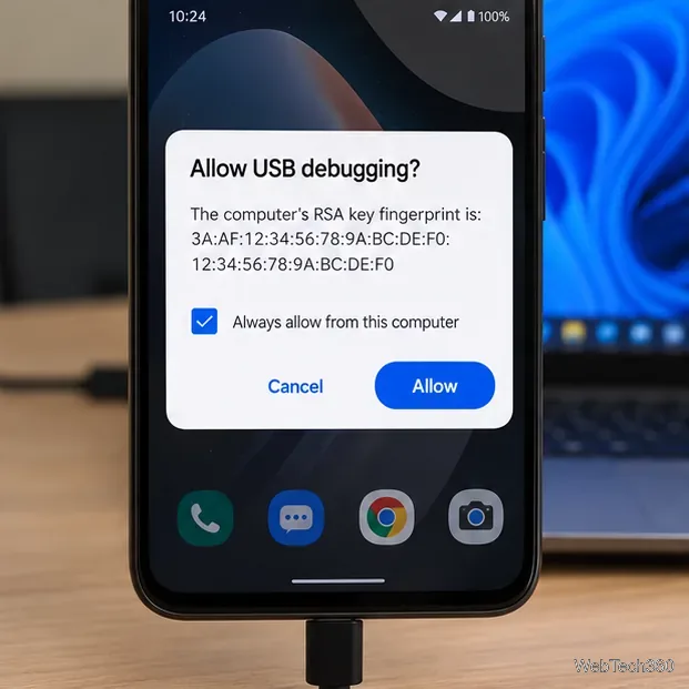 Téléphone Android affichant la boîte de dialogue d'autorisation de débogage USB avec un bouton Autoriser