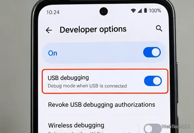 Écran des options pour développeurs Android affichant le débogage USB activé