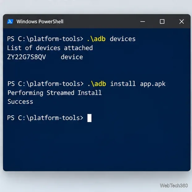 Fenêtre Windows PowerShell affichant les commandes adb devices et adb install se terminant par un succès