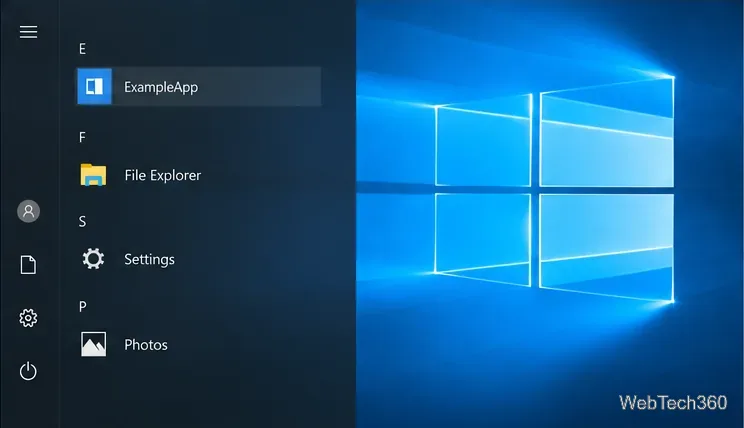 The Windows 10 Start menu showing an ExampleApp shortcut in the signed-in account.