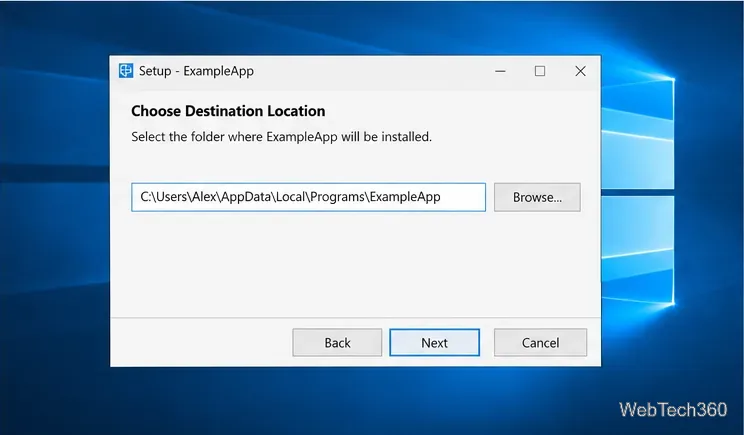 A setup window showing a sample destination under C:\Users\Alex\AppData\Local\Programs\ExampleApp.