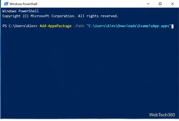 Windows PowerShell в Windows 10 с командой Add-AppxPackage для ExampleApp.appx