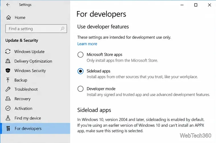 Страница настроек «Для разработчиков» в Windows 10 с выбранным параметром «Загрузка приложений извне»