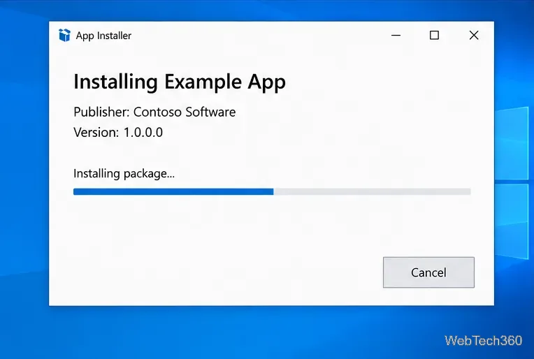 Программа установки приложений Windows 10 отображает ход установки примера приложения.