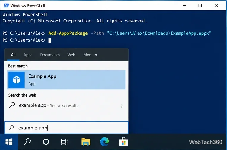 После завершения команды Add-AppxPackage в Windows PowerShell появляется пример приложения в меню поиска меню «Пуск».