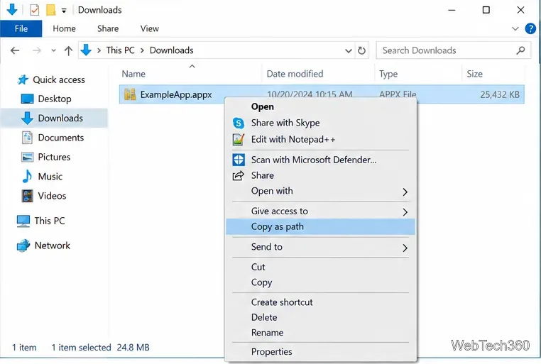В контекстном меню проводника Windows 10 выбран параметр «Копировать как путь» для файла ExampleApp.appx.