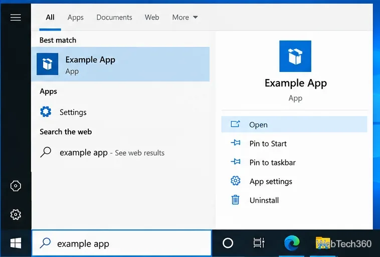 В меню «Пуск» Windows 10 отображается недавно установленное приложение Example App с командой «Открыть».