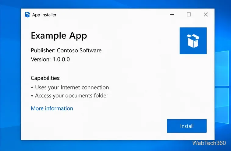 Программа установки приложений Windows 10 отображает пример информации об издателе приложения и кнопку «Установить».